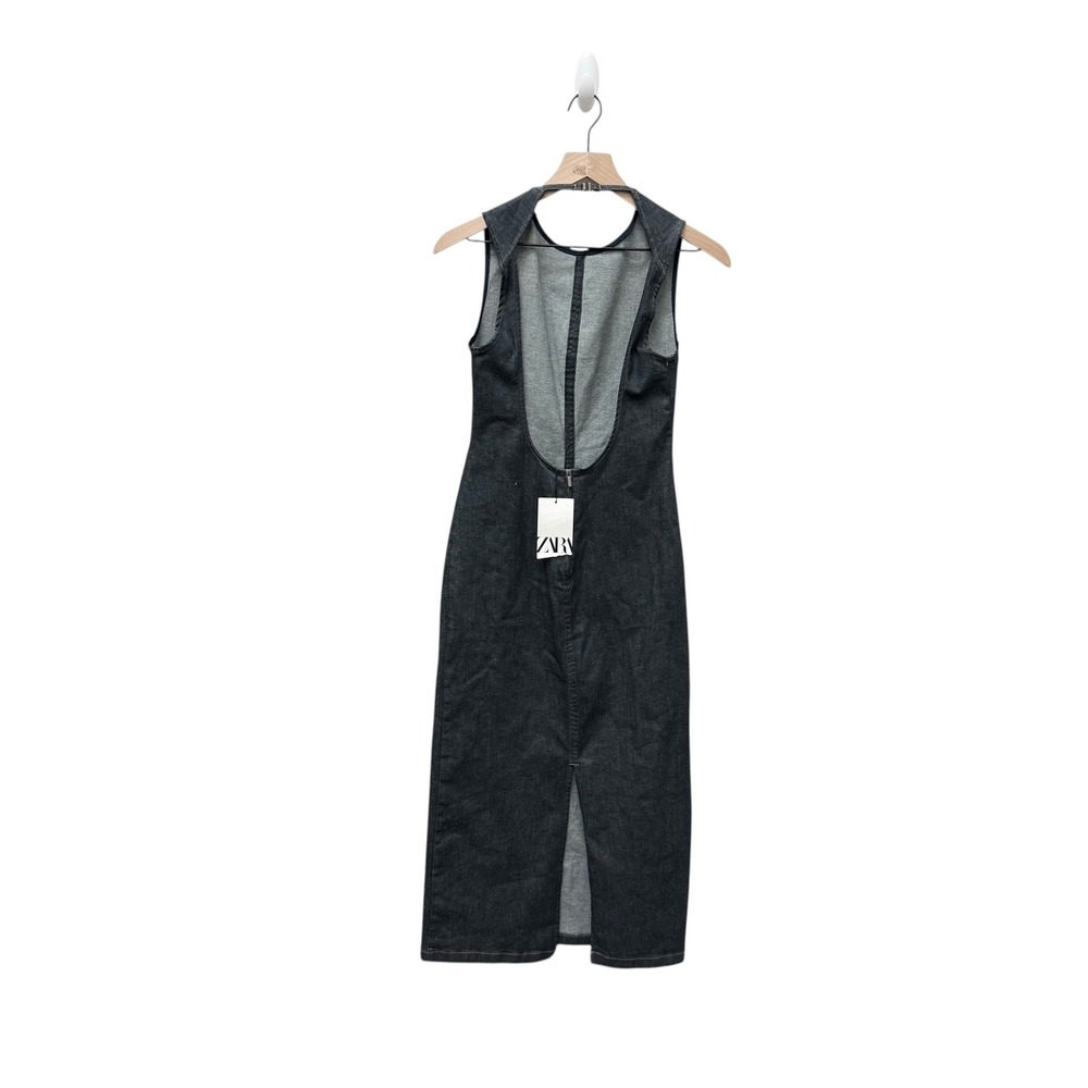 ZARA Sleeveless Backless Denim Midi Dress Dark Wash Back Zip‎ Slit Size Small - Picture 7 of 9